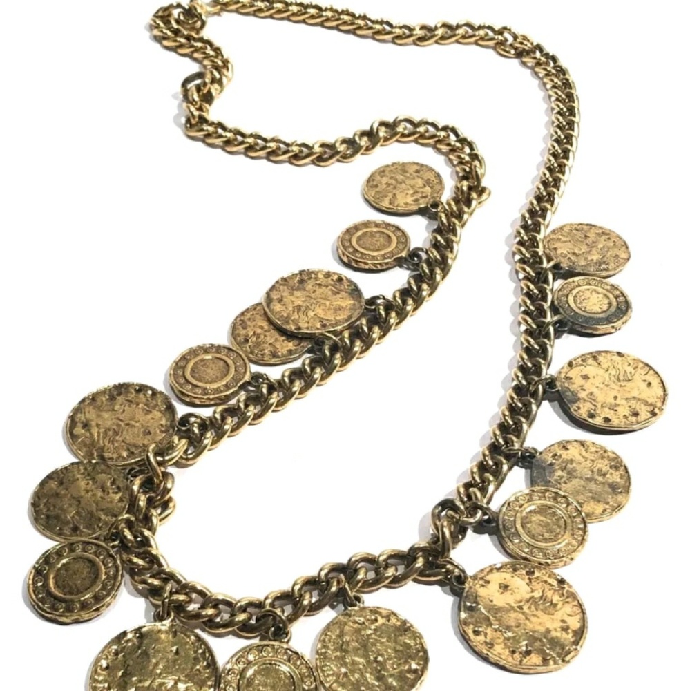 Vintage gold tone faux coin necklace 124 grams.